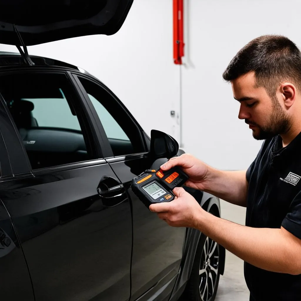 Mechanic inspecting car